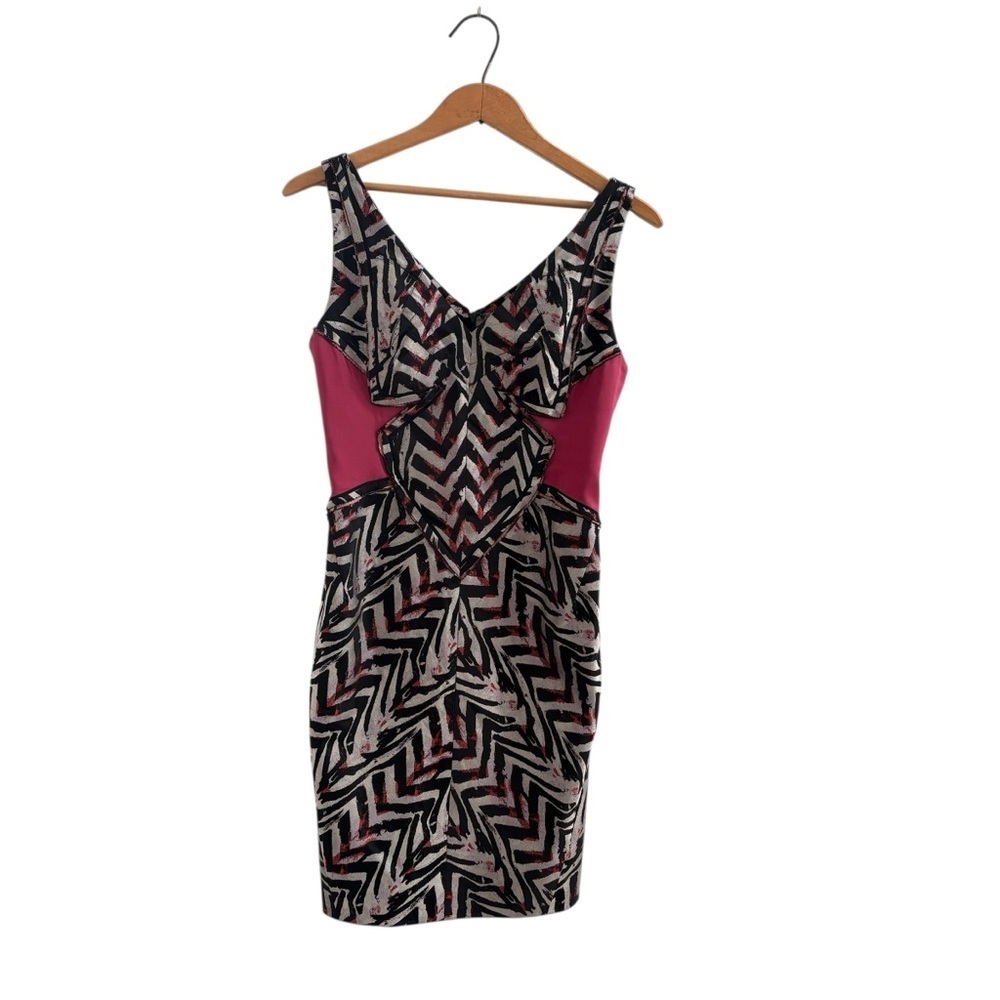 Zac Posen Dress Shift Black Pink Chevron Mini Geometric Silk Sz. 10